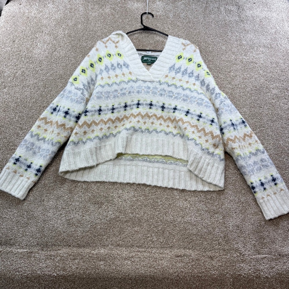 American Eagle Womens Fair Isle Hooded Sweater Cream Neon Yellow Large VTG Boho